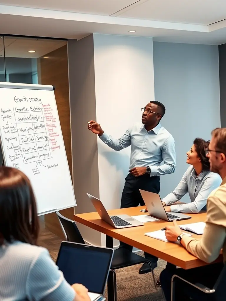 A professional photograph of a Stratrite consultant leading a workshop session with a client team, brainstorming growth strategies on a whiteboard.