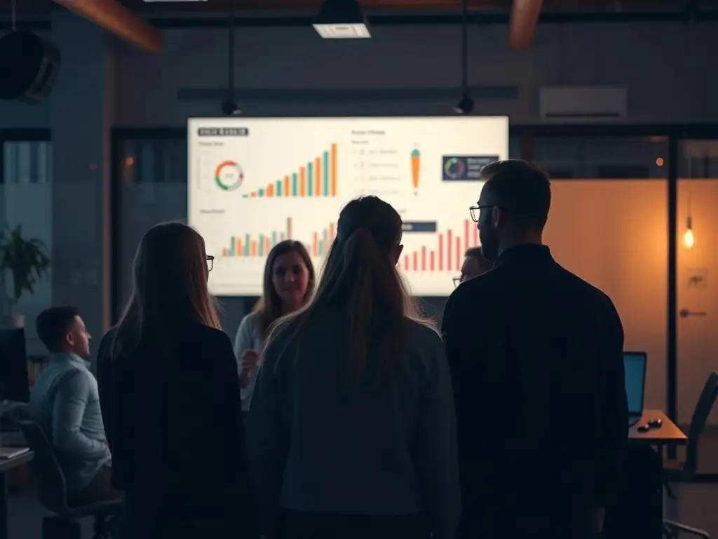 A professional workspace showing a team of consultants collaborating on a project, with charts and data visible on a large screen, representing Stratrite's focus on SMBs.