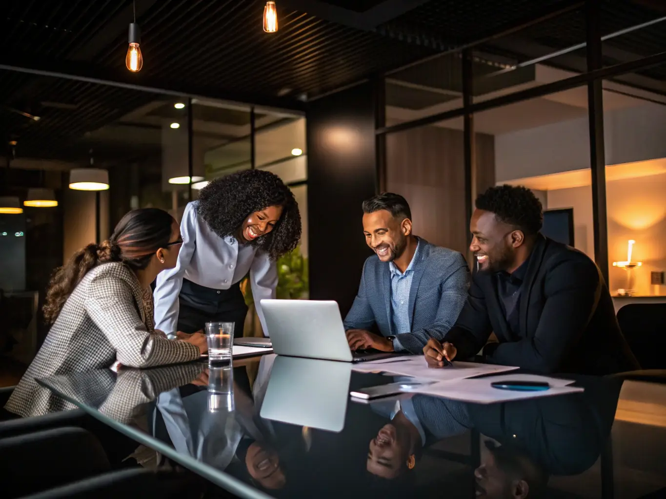 A modern office environment with executives discussing growth strategies, highlighting Stratrite's expertise in serving mid-market companies.