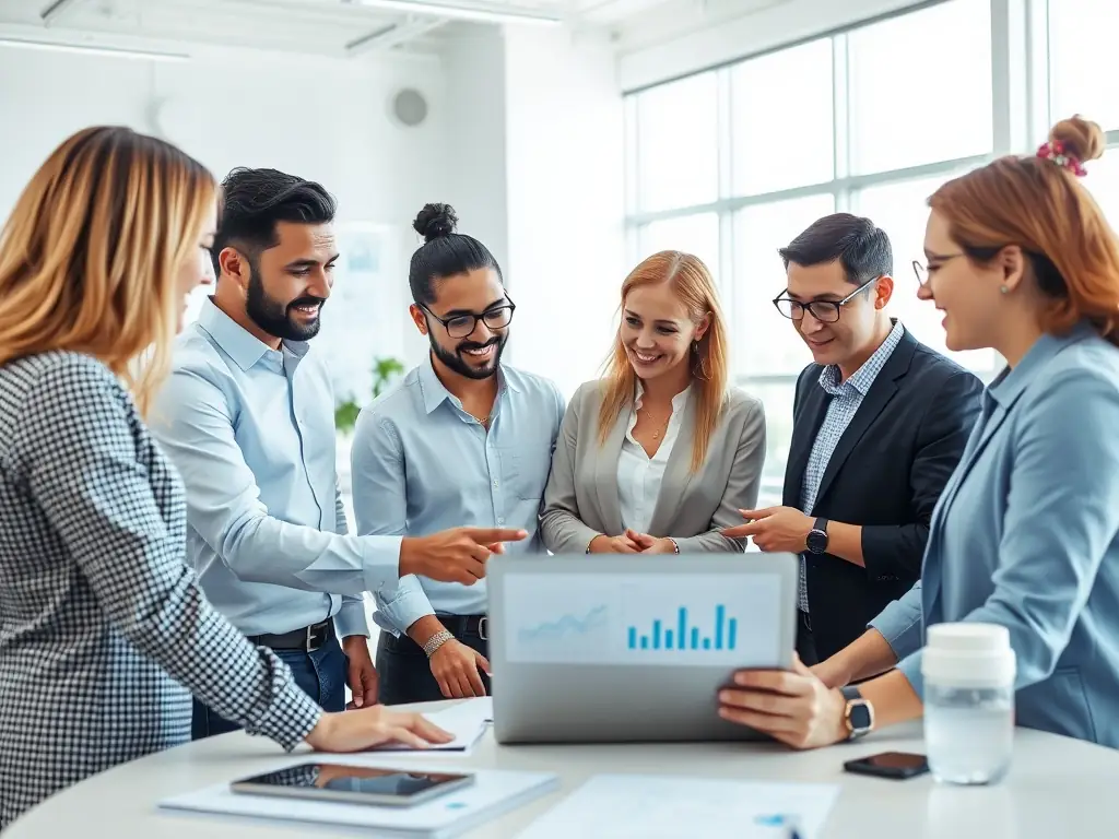 A professional workspace featuring a team collaborating on a go-to-market strategy, with charts and graphs displayed on a large screen, symbolizing strategic planning and business growth.