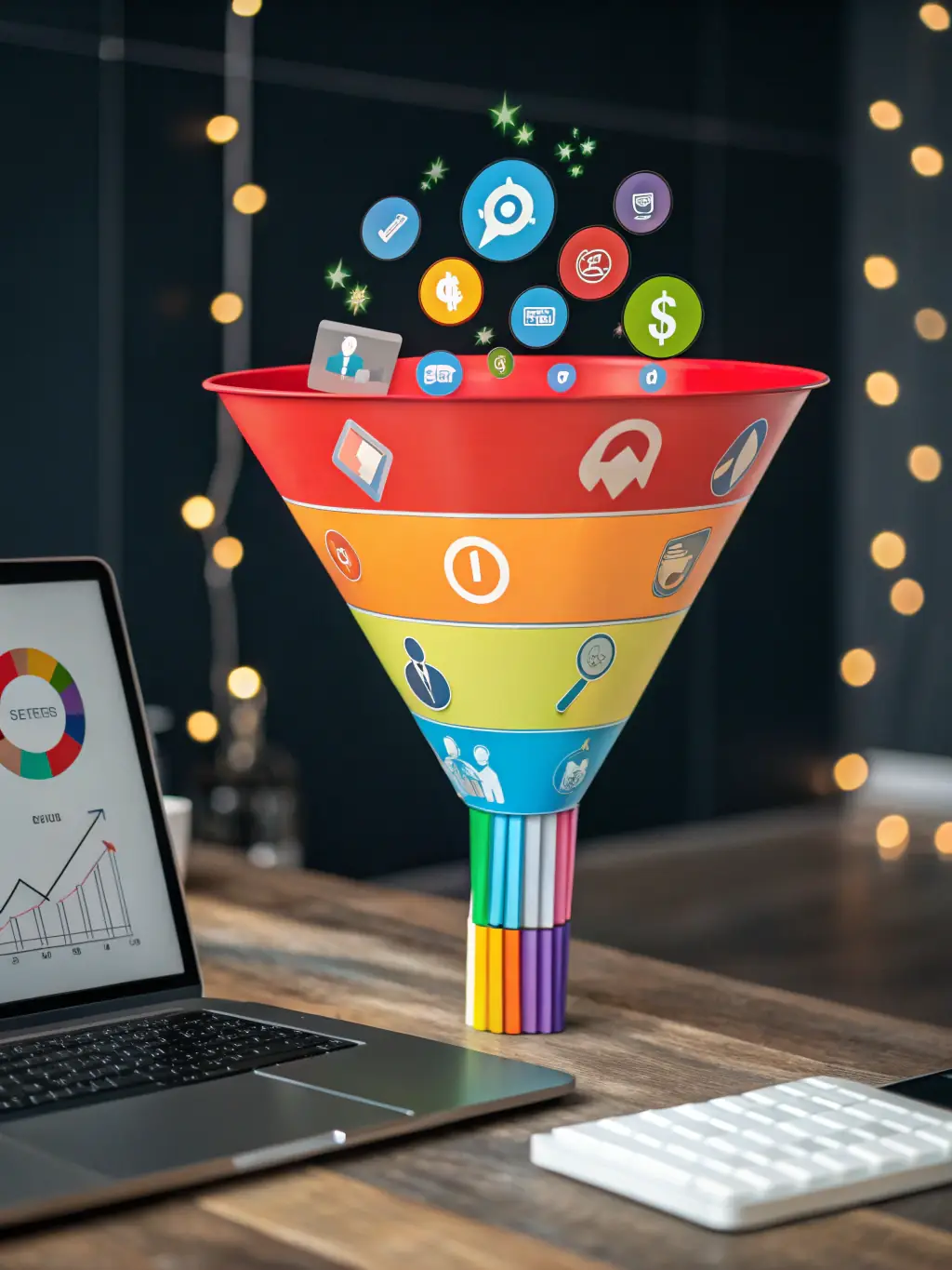 A digital illustration depicting a funnel with leads flowing through, highlighting the stages of demand generation and conversion.