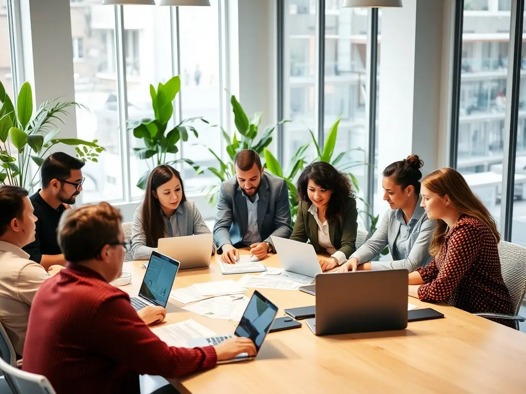 A diverse group of professionals from different cultural backgrounds collaborating on a global strategy, reflecting Stratrite's international market focus.